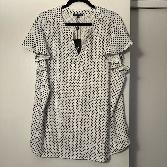 Adrianna Papell 2X Printed V Neck Placket Knit Top Ruffle Short Sleeve Ivory NWT - Picture 1 of 8